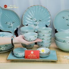 Bộ Bát Đĩa Bát Tràng Men Ngọc Hoa Đào Trắng