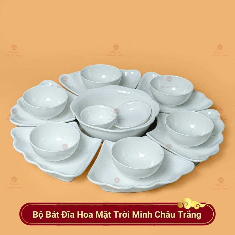 Bộ Bát Đĩa Hoa Mặt Trời Minh Châu Trắng