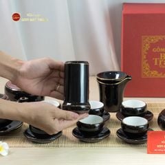 Bộ Ấm Chén Búp Sen Nâu Kẻ Vàng