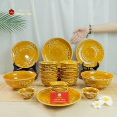 Bộ Bát Đĩa Men Nâu Vân Hoa Cúc
