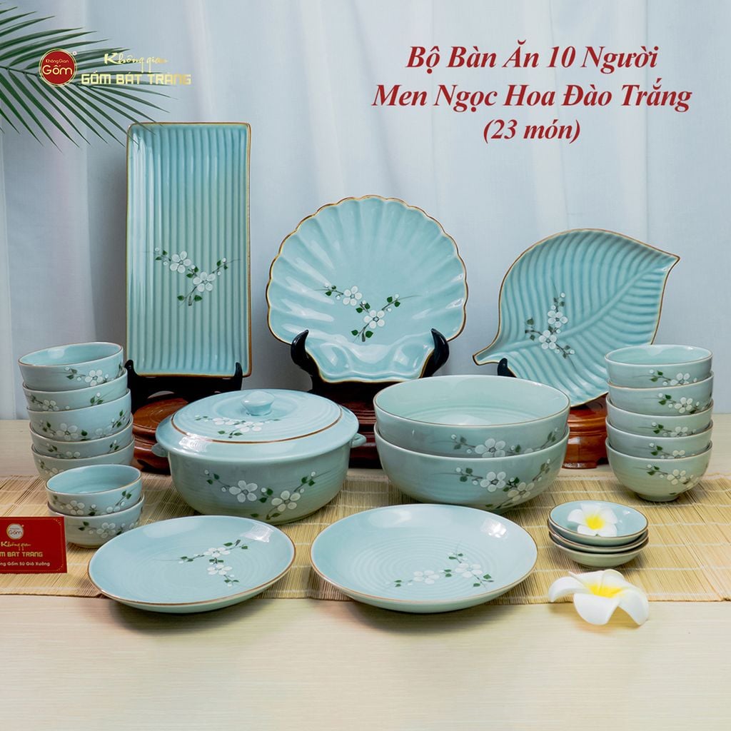 Bộ Bát Đĩa Bát Tràng Men Ngọc Hoa Đào Trắng