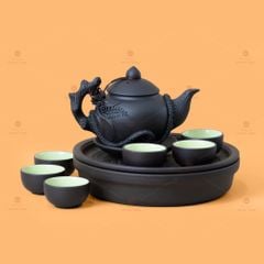 Bộ Ấm Trà Tử Sa Đắp Nổi Hoa Mẫu Đơn Khay Thủng