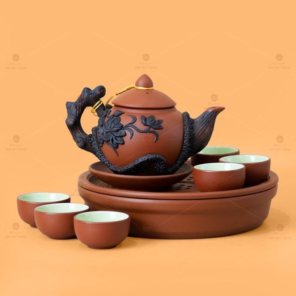 Bộ Ấm Trà Tử Sa Đắp Nổi Hoa Mẫu Đơn Khay Thủng