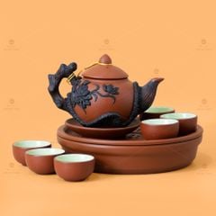 Bộ Ấm Trà Tử Sa Đắp Nổi Hoa Mẫu Đơn Khay Thủng