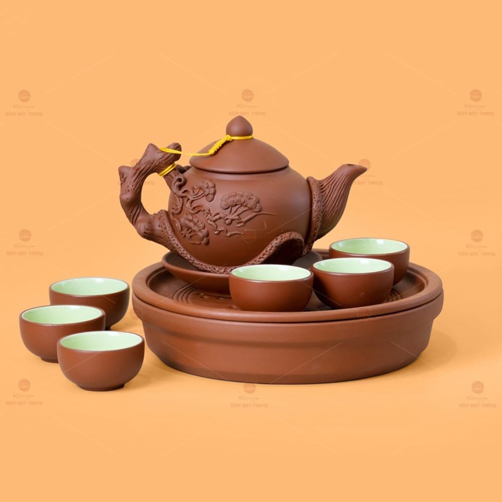 Bộ Ấm Trà Tử Sa Đắp Nổi Hoa Mẫu Đơn Khay Thủng