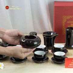 Bộ Ấm Chén Búp Sen Nâu Kẻ Vàng