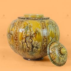 Chum Ngâm Rượu Men Hoàng Thổ Họa Tiết Hoa Sen Trúc