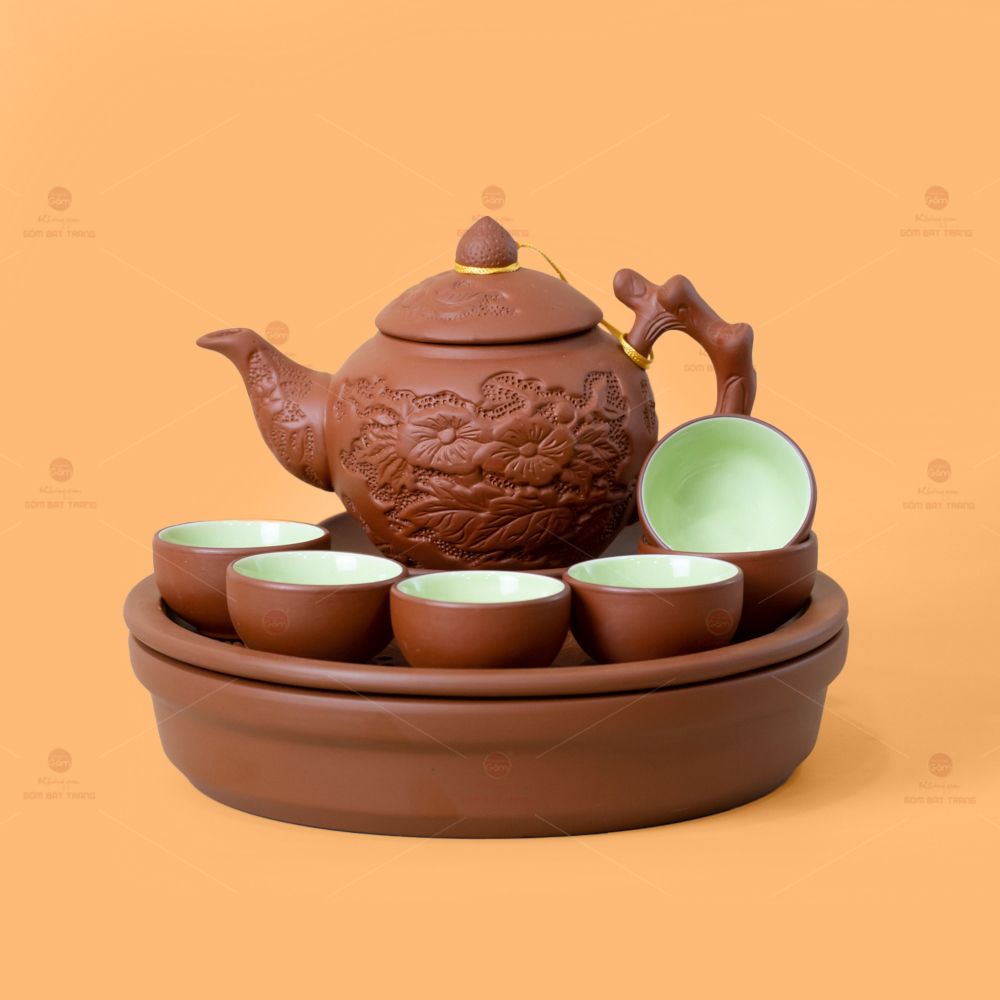Bộ Ấm Trà Tử Sa Hoa Châm Khay Thủng