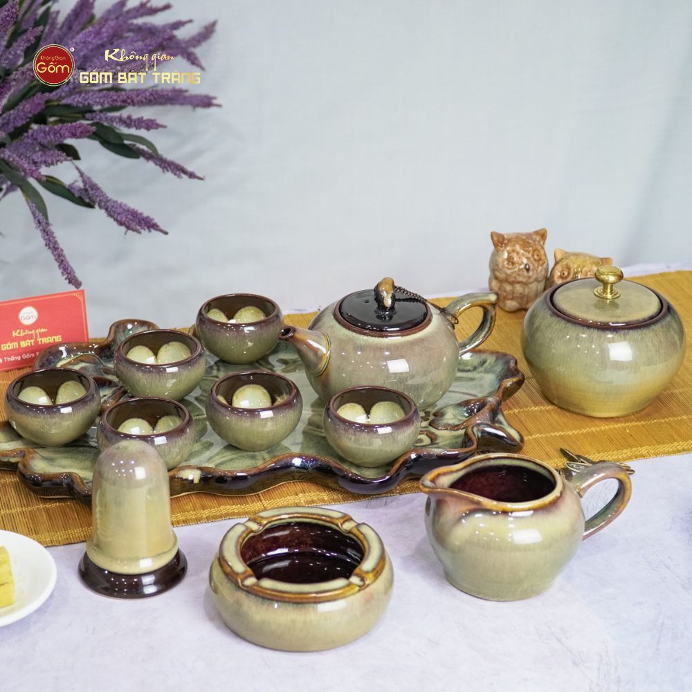 Bộ Ấm Trà Quả Hồng Men Hỏa Biến Khay Sen Dài