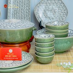 Bộ Bàn Ăn 4 Người (10 món) Men Xanh Ngọc Vẽ Bèo