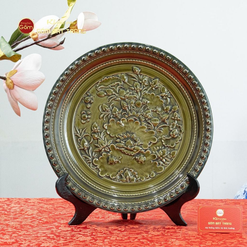 Đĩa Trưng Bày Đắp Nổi Hoa Sen Xanh