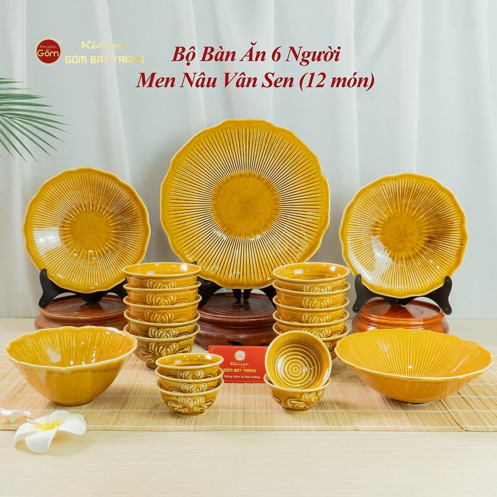 Bộ Bàn Ăn 6 Người (12 Món) Men Nâu Vân Sen