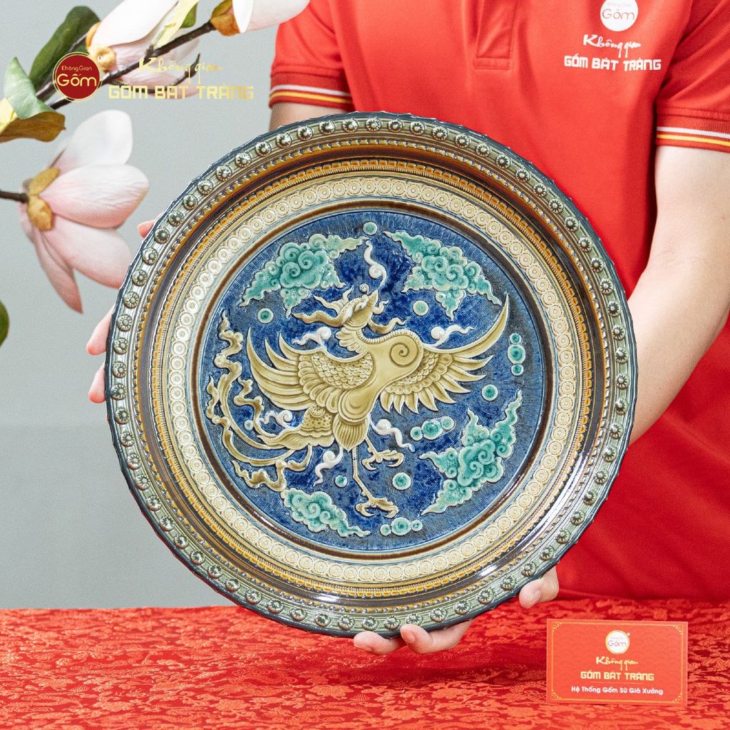 Đĩa Trưng Bày Đắp Nổi Vẽ Màu Phượng Hoàng Tung Cánh