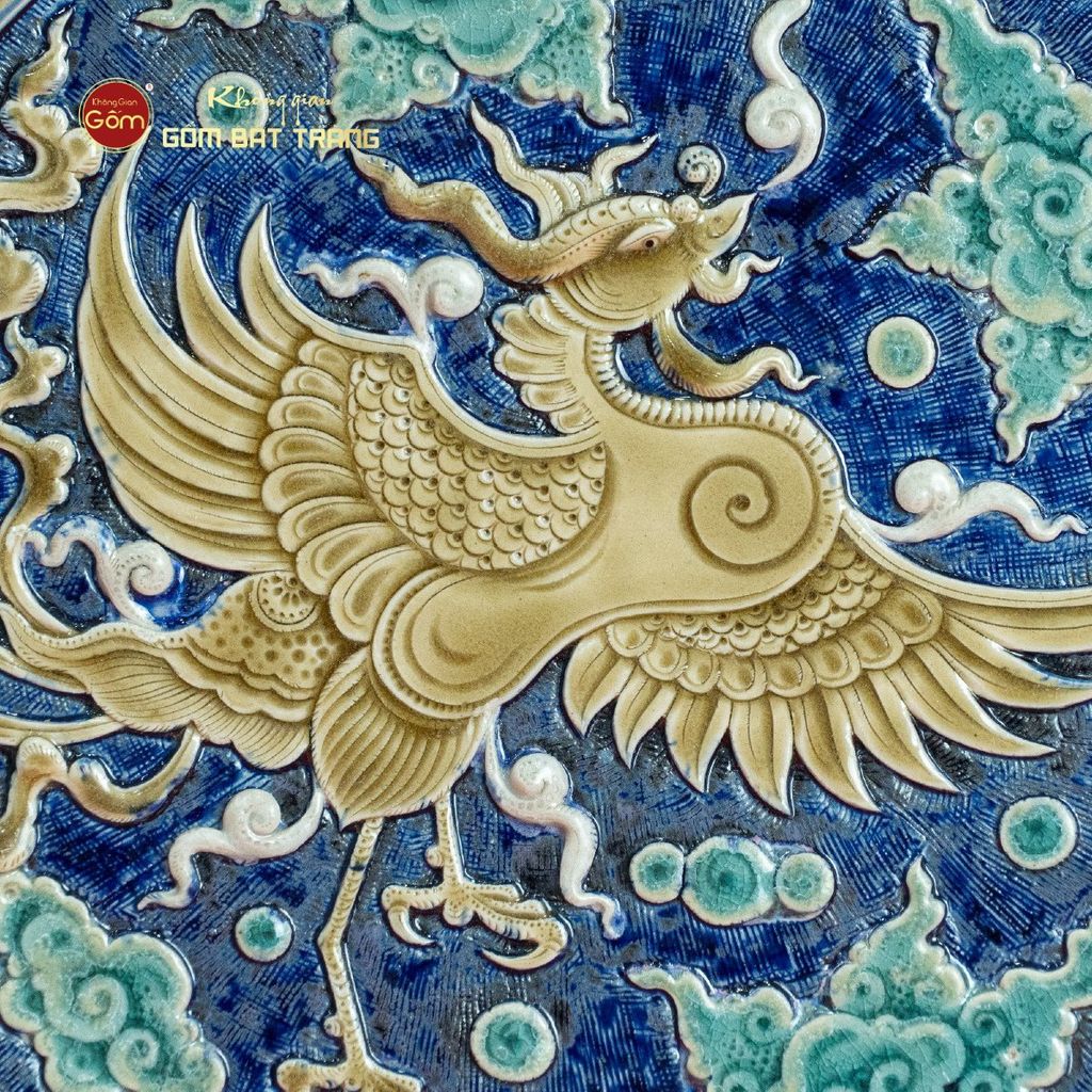 Đĩa Trưng Bày Đắp Nổi Vẽ Màu Phượng Hoàng Tung Cánh