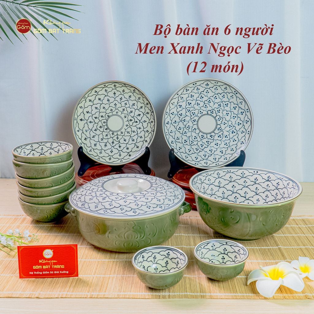 Bộ Bát Đĩa Bát Tràng Men Xanh Ngọc Vẽ Bèo