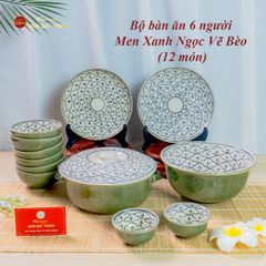 Bộ Bát Đĩa Bát Tràng Men Xanh Ngọc Vẽ Bèo