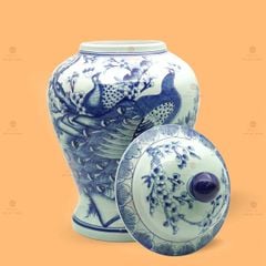 Bình Chóe Ngâm Rượu Men Lam Chim Công Đào