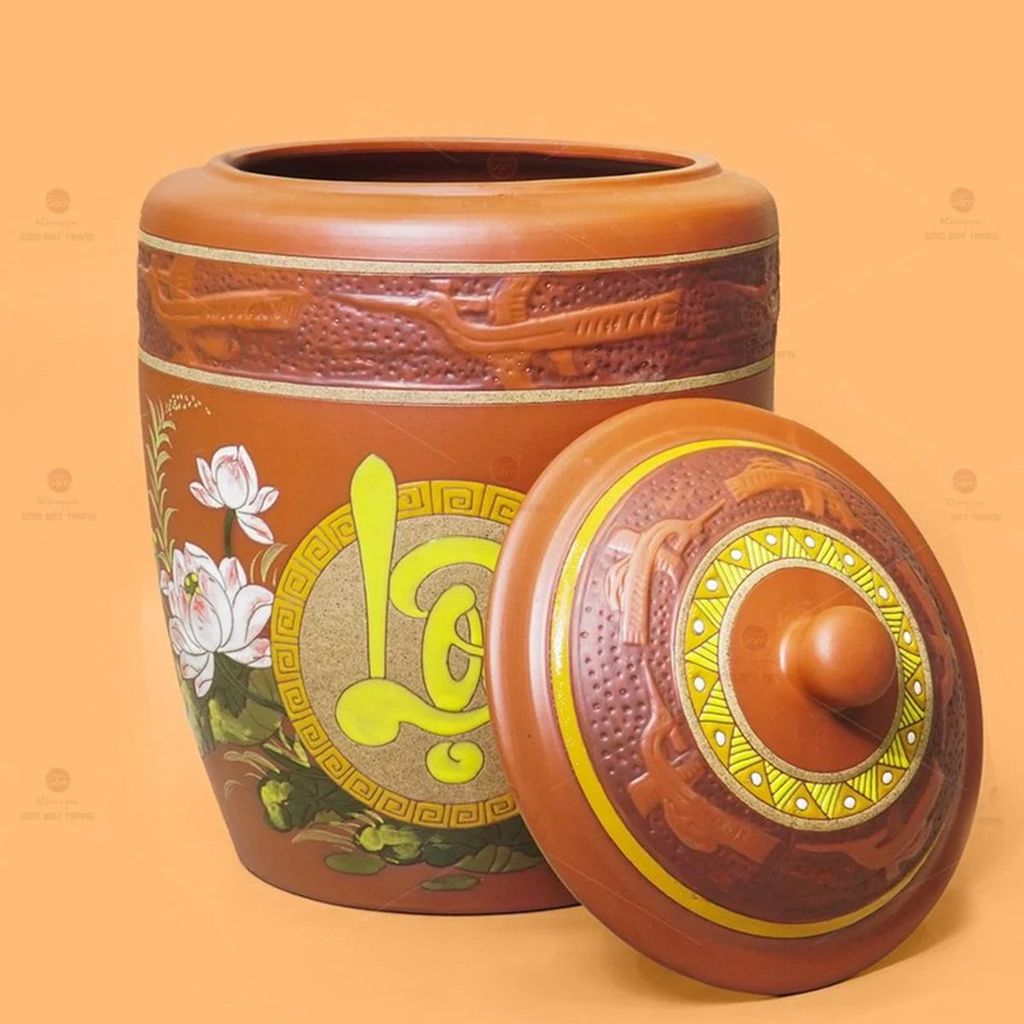Hũ Gốm Họa Tiết Hoa Sen Lộc Nắp Nhọn