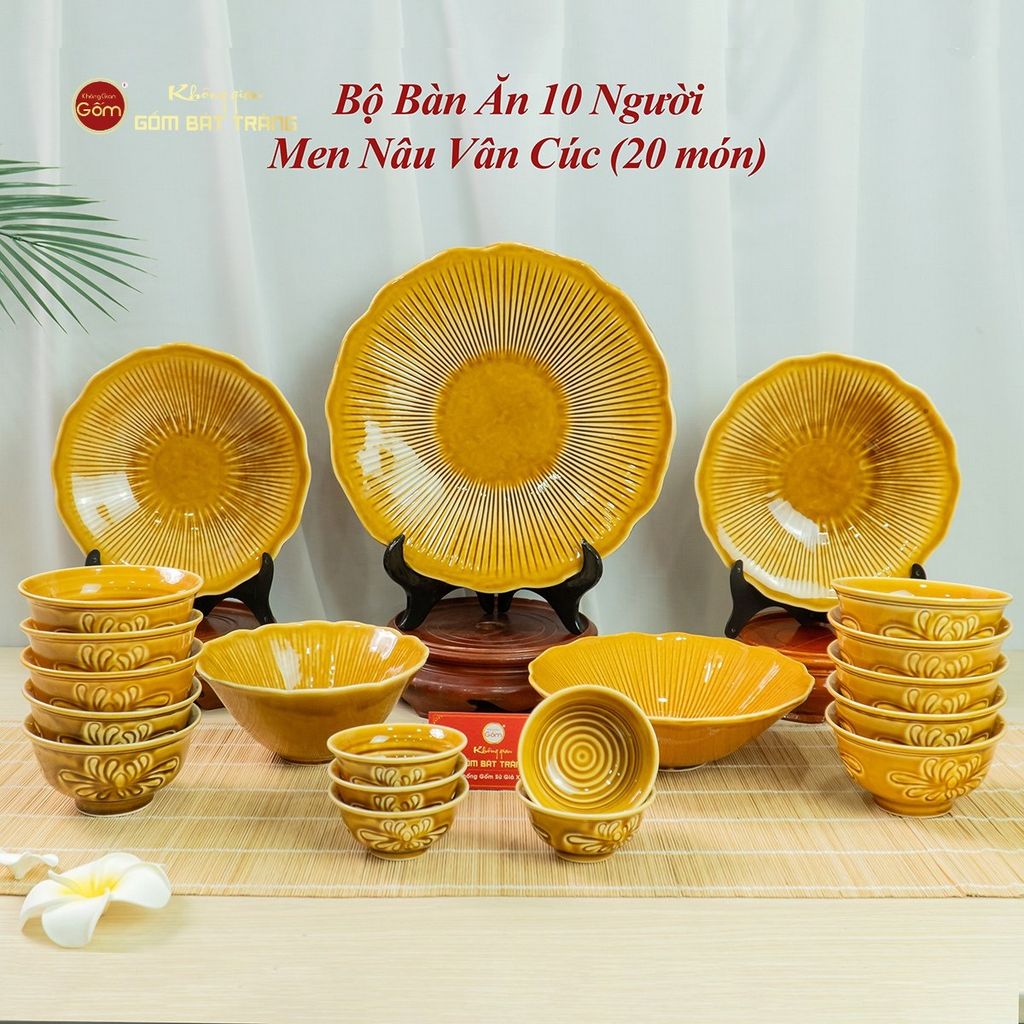 Bộ Bàn Ăn 10 Người (20 Món) Men Nâu Vân Sen