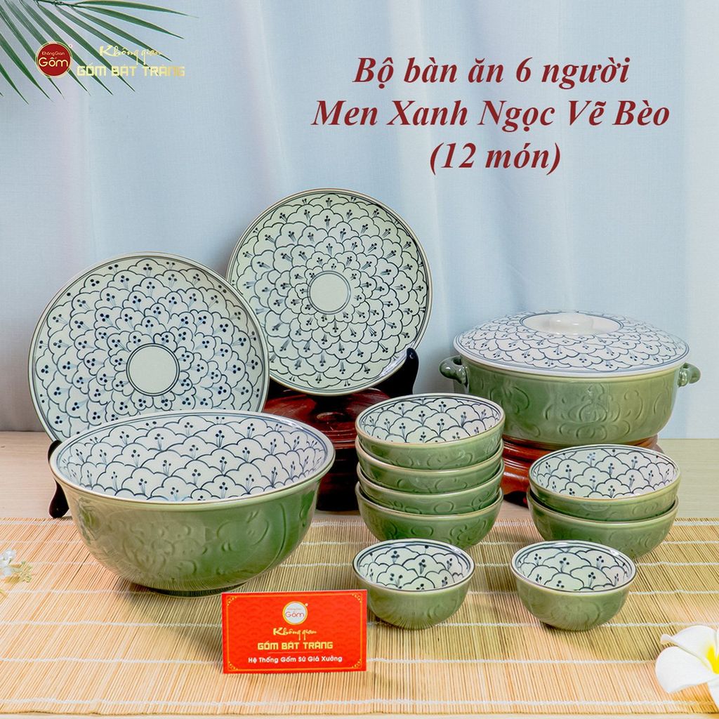 Bộ Bàn Ăn 6 Người (12 món) Men Xanh Ngọc Vẽ Bèo