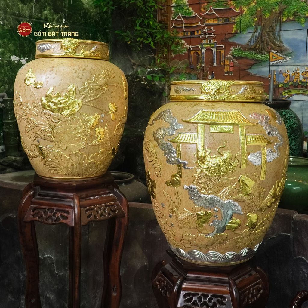 Chum Sành Cá Chép Vượt Vũ Môn Kim Sa Chạm Nổi Dát Vàng