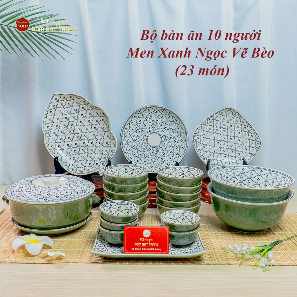 Bộ Bát Đĩa Bát Tràng Men Xanh Ngọc Vẽ Bèo