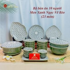 Bộ Bát Đĩa Bát Tràng Men Xanh Ngọc Vẽ Bèo