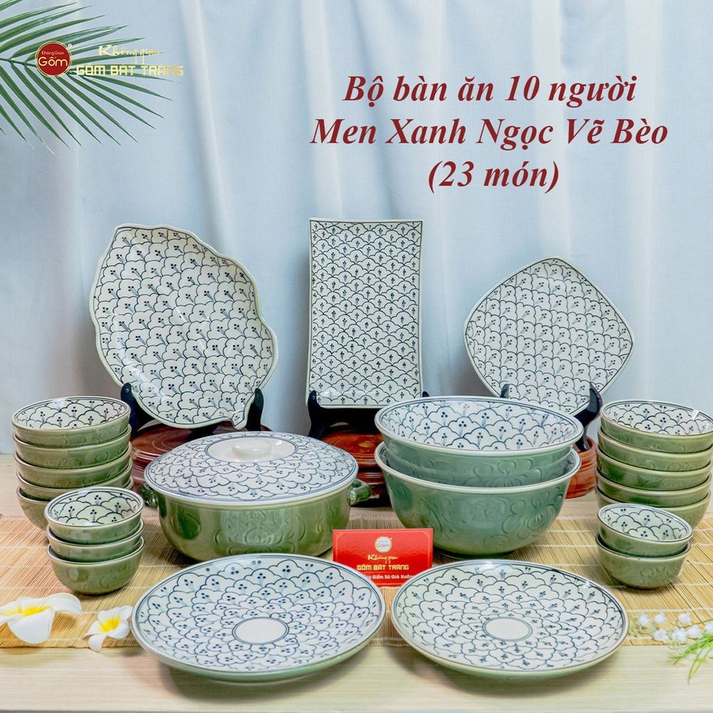 Bộ Bàn Ăn 10 Người (23 món) Men Xanh Ngọc Vẽ Bèo