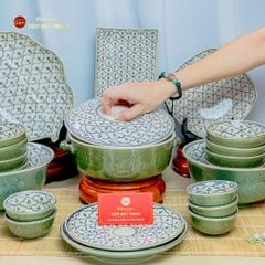 Bộ Bát Đĩa Bát Tràng Men Xanh Ngọc Vẽ Bèo