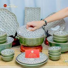 Bộ Bàn Ăn 10 Người (23 món) Men Xanh Ngọc Vẽ Bèo