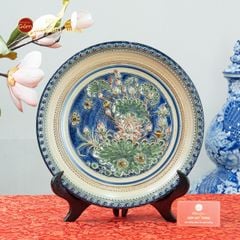 Đĩa Trưng Bày Đắp Nổi Vẽ Màu Hoa Sen Xanh