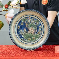 Đĩa Trưng Bày Đắp Nổi Vẽ Màu Hoa Sen Xanh