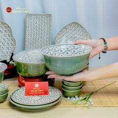 Bộ Bàn Ăn 10 Người (23 món) Men Xanh Ngọc Vẽ Bèo