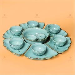 Bộ Bát Đĩa Hoa Mặt Trời Men Xanh Đào Trắng