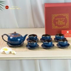 Bộ Ấm Chén Tròn Hỏa Biến Xanh Dương Kẻ Vàng