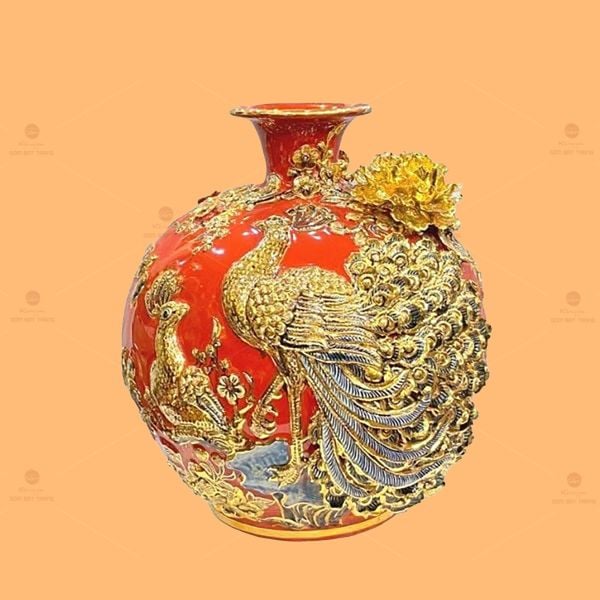 Quả Hút Lộc Men Đỏ Công Đào Đắp Nổi Vẽ Vàng