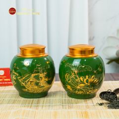 Hũ Đựng Trà Men Xanh Ngọc Họa Tiết Hoa Sen Vẽ Vàng