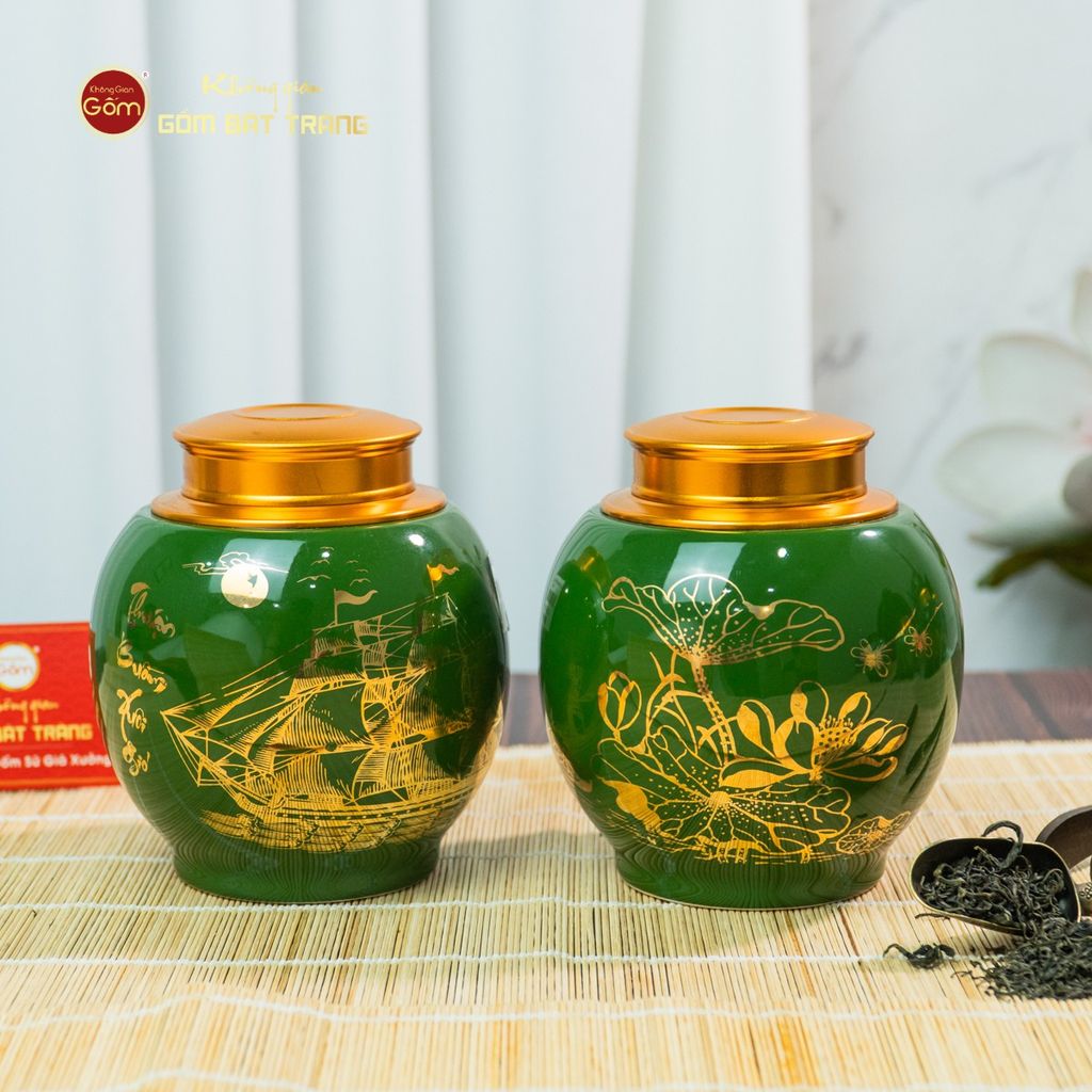 Hũ Đựng Trà Men Xanh Họa Tiết Thuận Buồm Xuôi Gió Vẽ Vàng