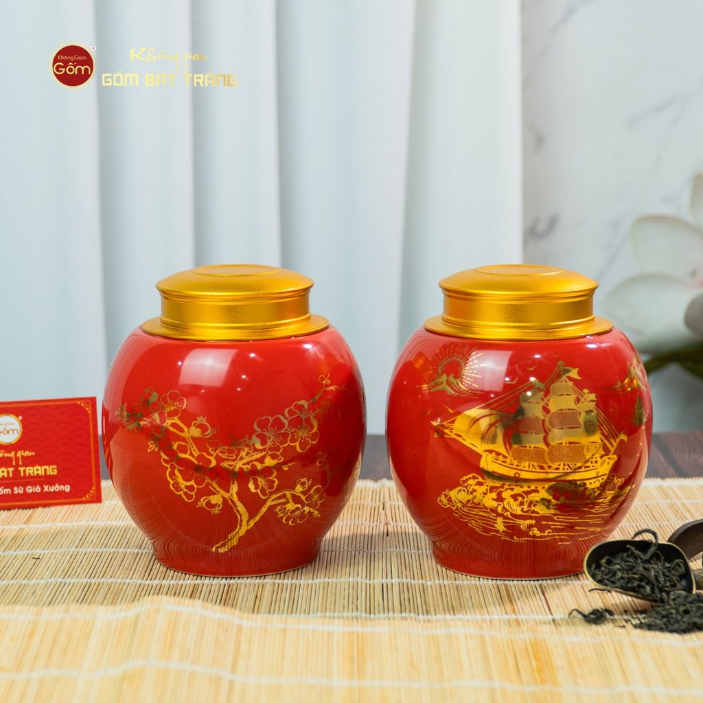 Hũ Đựng Trà Men Đỏ Họa Tiết Thuận Buồm Xuôi Gió Vẽ Vàng