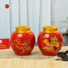 Hũ Đựng Trà Men Đỏ Họa Tiết Thuận Buồm Xuôi Gió Vẽ Vàng