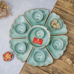 Bộ Bát Đĩa Hoa Mặt Trời Men Xanh Đào Trắng