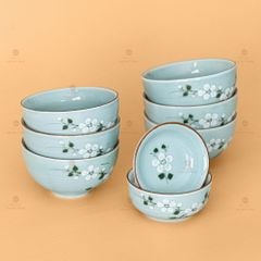 Bộ Bát Đĩa Hoa Mặt Trời Men Xanh Đào Trắng