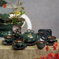 Bộ Ấm Chén Men Hỏa Biến Xanh Ngọc Quả Hồng