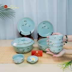 Bộ Bát Đĩa Bát Tràng Men Ngọc Hoa Đào Trắng