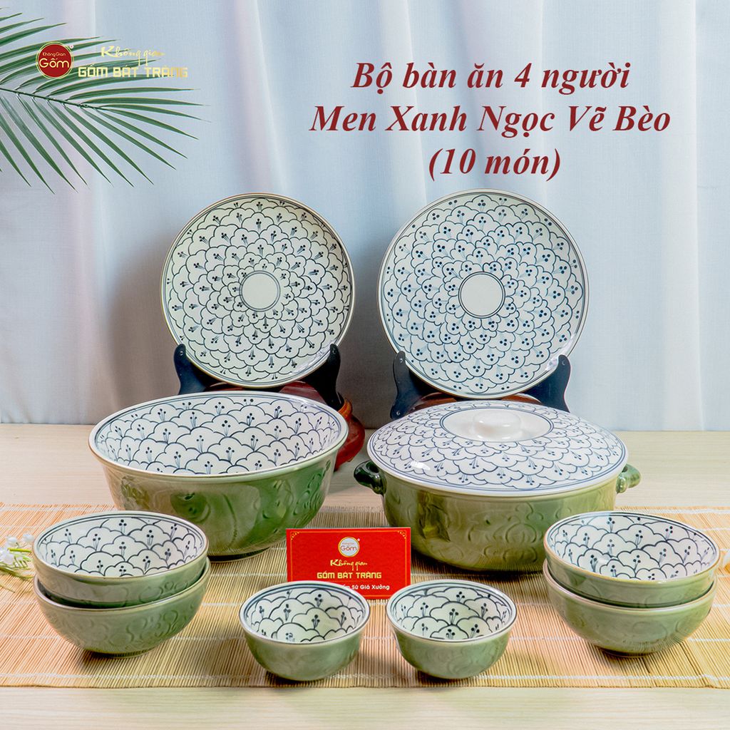 Bộ Bàn Ăn 4 Người (10 món) Men Xanh Ngọc Vẽ Bèo