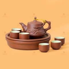 Bộ Ấm Trà Tử Sa Đắp Trúc Khay Thủng