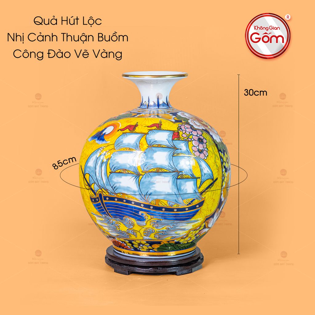 Quả Hút Lộc Nhị Cảnh Men Vàng Thuận Buồm Công Mẫu Đơn Vẽ Vàng