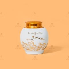 Hũ Đựng Trà Men Trắng Họa Tiết Mã Đáo Vẽ Vàng