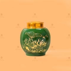 Hũ Đựng Trà Men Xanh Ngọc Họa Tiết Hoa Sen Vẽ Vàng