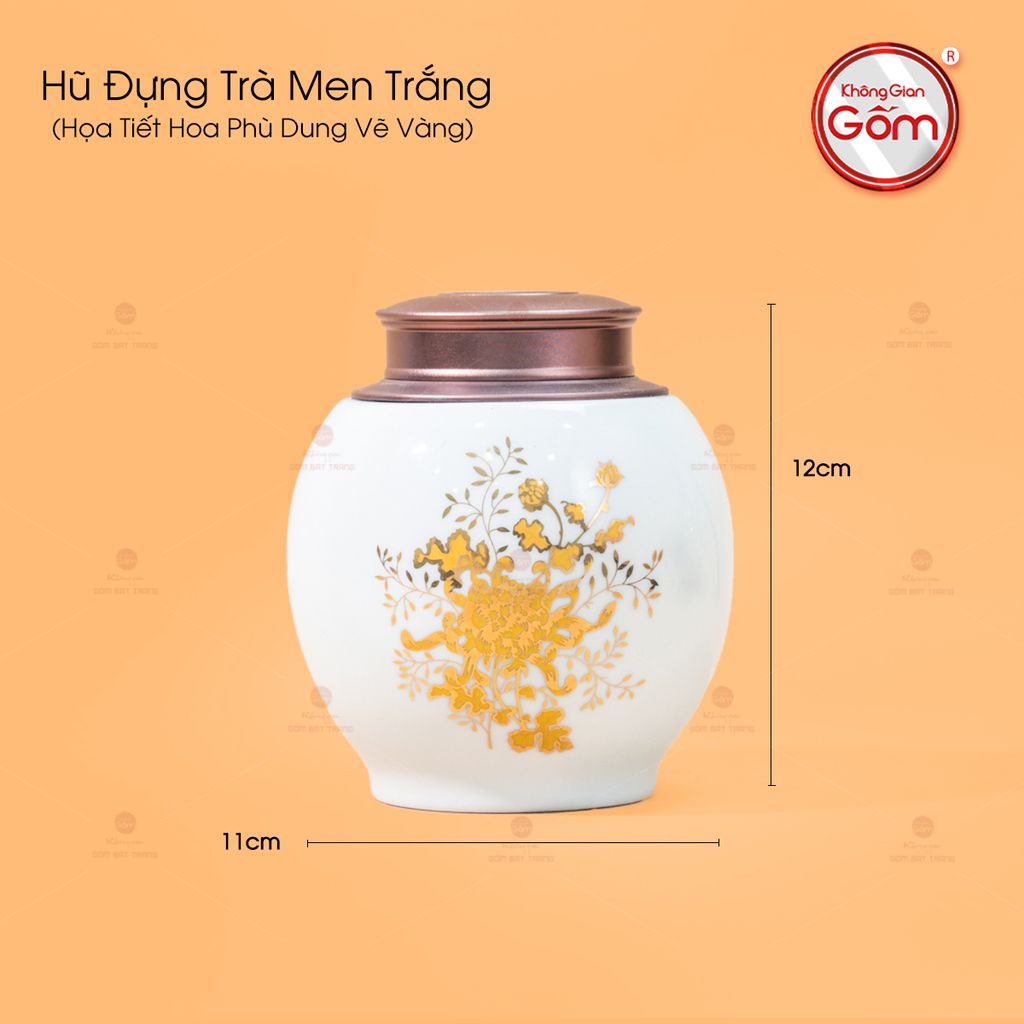 Hũ Đựng Trà Men Trắng Họa Tiết Phù Dung Vẽ Vàng